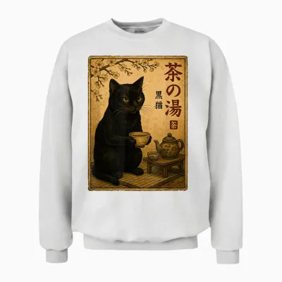 Cat Black Drinking Tea Japanese Vintage Tea Time Unisex Sweatshirt - White