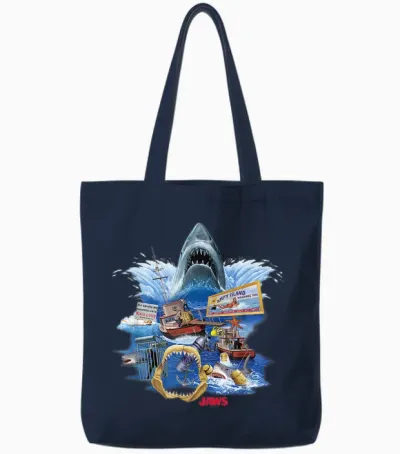 Jaws Poster Collage T-Shirt, Small, Black Tote Bags - Navy