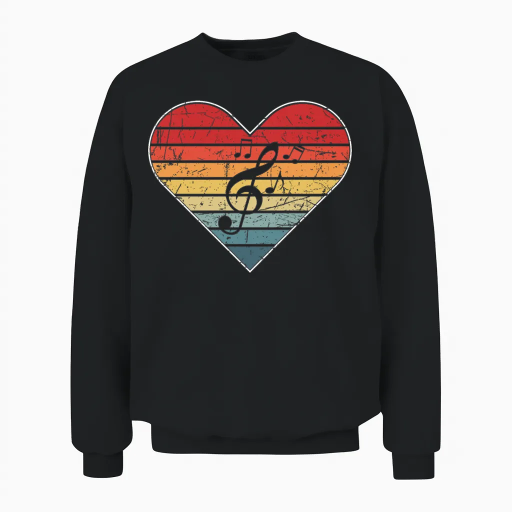 Music Heart Vitage Retro Lovers Unisex Sweatshirt - Black