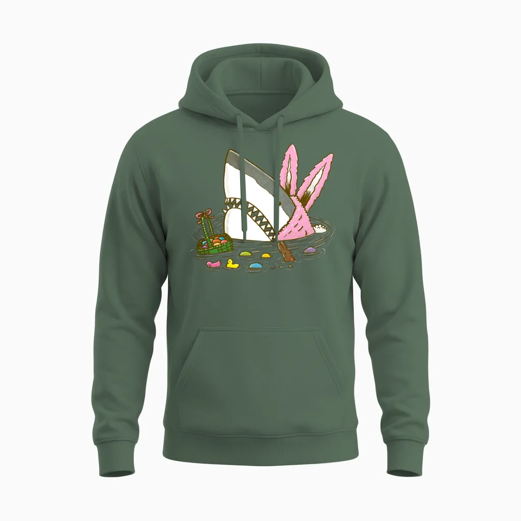 The Easter Shark, Funny Easter,cute Bunny in Shark Unisex Hoodie in Military Green