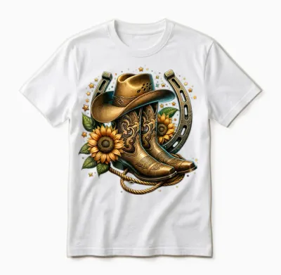 Western Cowboy Boots Horseshoe Sunflower Rope Cowgirl Boat T-Shirt, Black Unisex T-Shirt - White