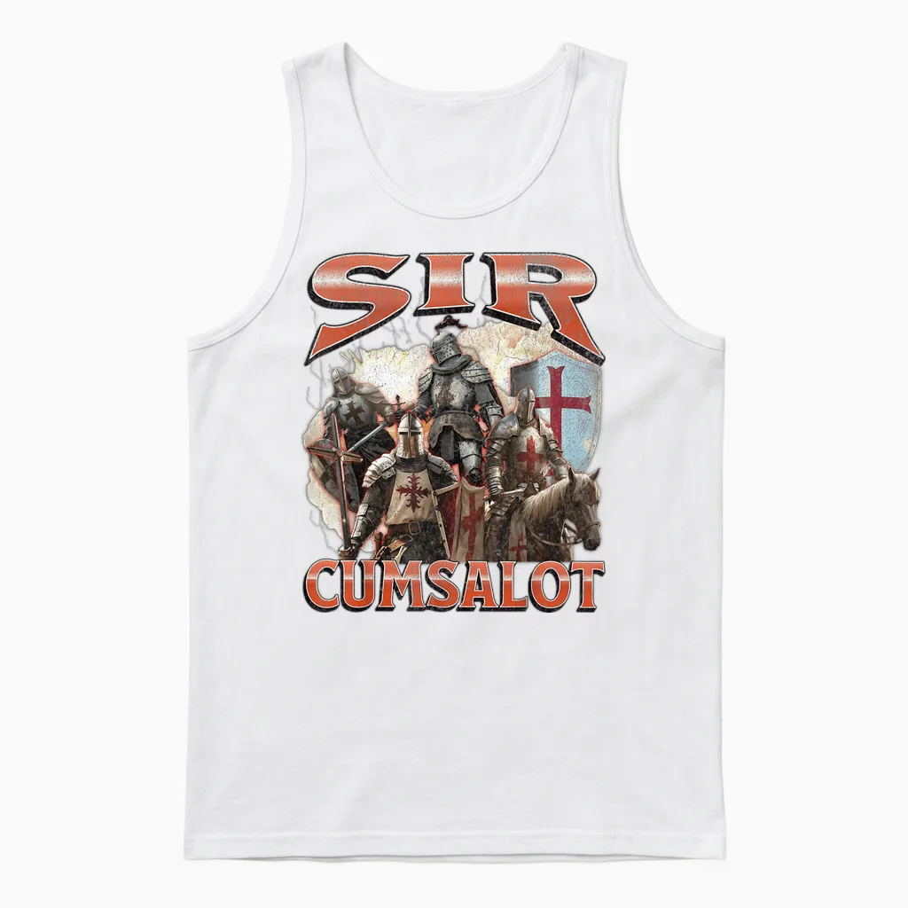 Sir Cumsalot Funny Offensive Knight Meme Bootleg Grafik Unisex Tank Top in White