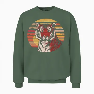 Retro Tiger with Retro Sunset Unisex Sweatshirt - Military Green