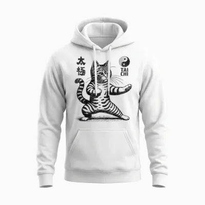 Funny Cat in Tai Chi Stance Martial Arts Yin Yang Balance T-Shirt, White, S Unisex Hoodie - White