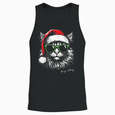 Meowy Catmas Santa Hat Cute Cat Christmas Pajamas Xmas Unisex Tank Top - Black