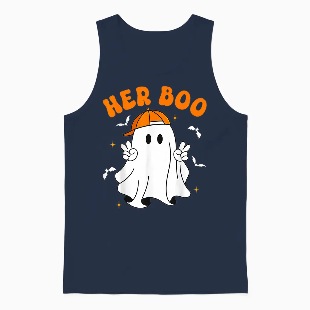 Her Boo & His Boo Funny Matching Halloween Couples Unisex Tank Top in Navy
