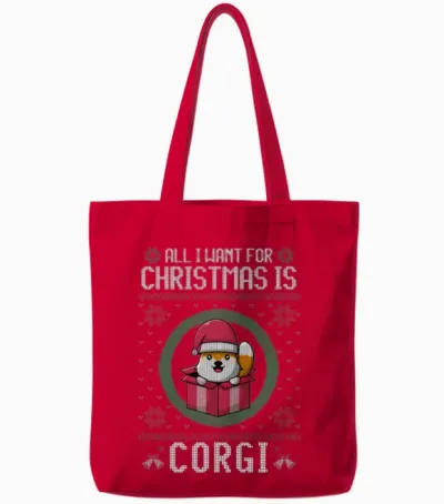 All I Want Cute Corgi Christmas Ugly Tote Bags - Red