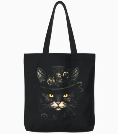 Steampunk Cat T-Shirt, Black Tote Bags - Black