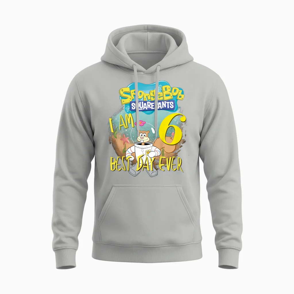 Kids Original Spongebob Square Pants - 6th Birthday Sandy Cheeks Unisex Hoodie in Ash