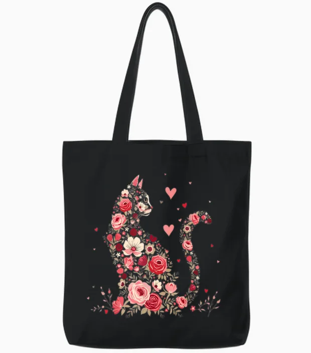 Cute Flower Cat for Cat Owner and Valentine's Day Tote Bags in Black
