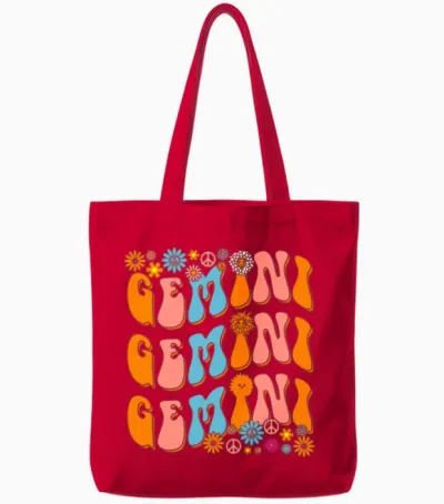Retro Hippie Gemini Birthday Tote Bags - Red