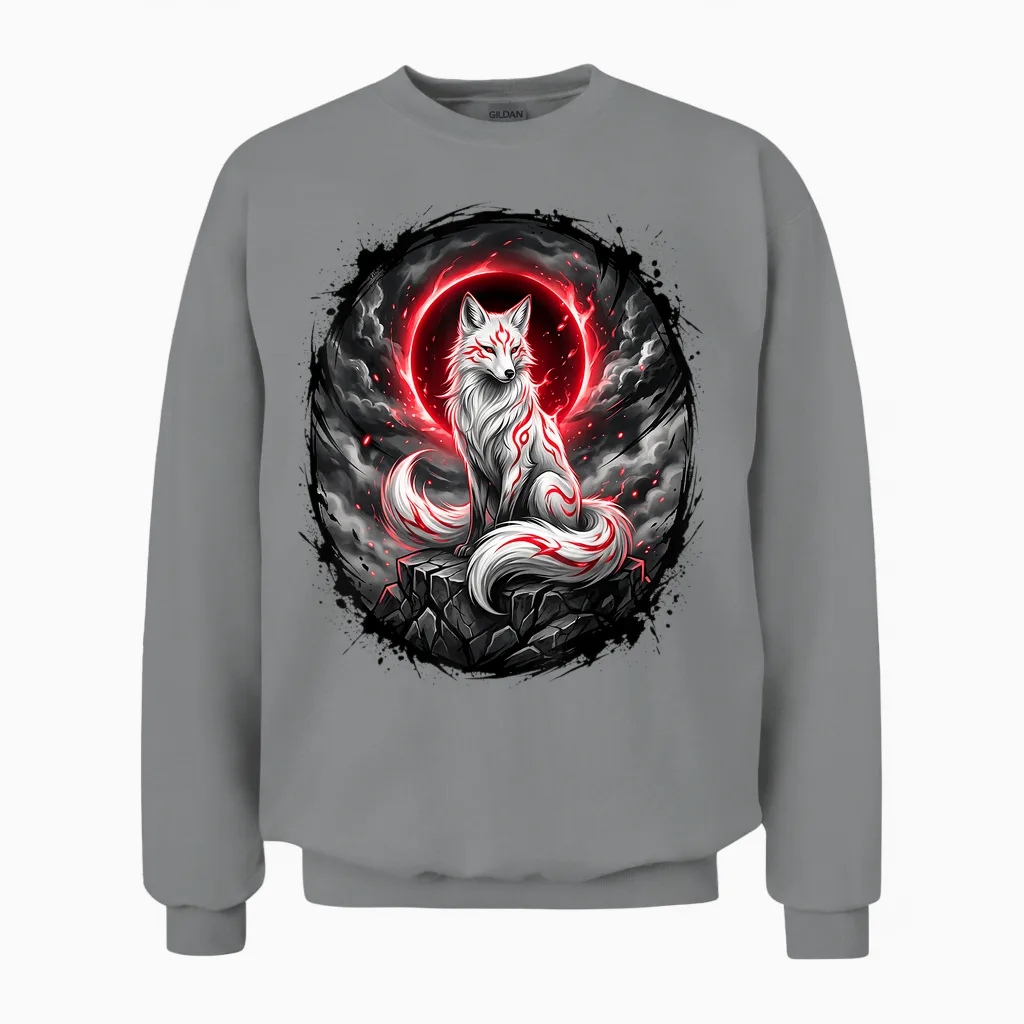 Japanischer Kitsune Wolf Mythologie Design Unisex Sweatshirt in Sport Grey