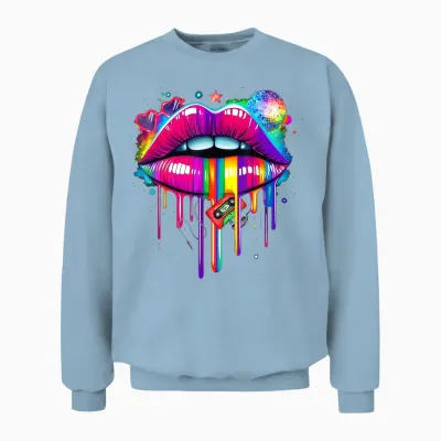 Colourful Lips Kissing Mouth Retro 80s Party Look Costume T-Shirt, Black, S Unisex Sweatshirt - Light Blue