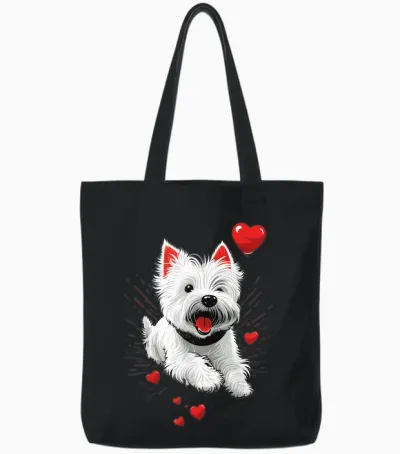 Westie Love Heart on West Highland White Terrier Lover T-Shirt, Black Tote Bags - Black