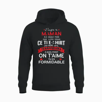 Super Maman on T'aime Gift Woman Mum T-Shirt, Black Unisex Hoodie - Black