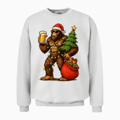Funny Big Foot Santa Hat Drink Christmas Tree Xmas Men Unisex Sweatshirt - White