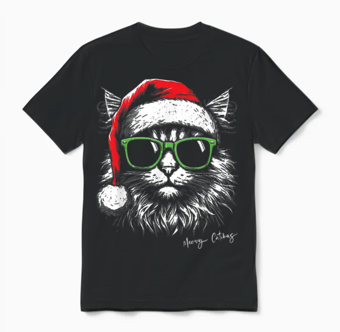 Meowy Catmas Santa Hat Cute Cat Christmas Pajamas Xmas Unisex T-Shirt in Black