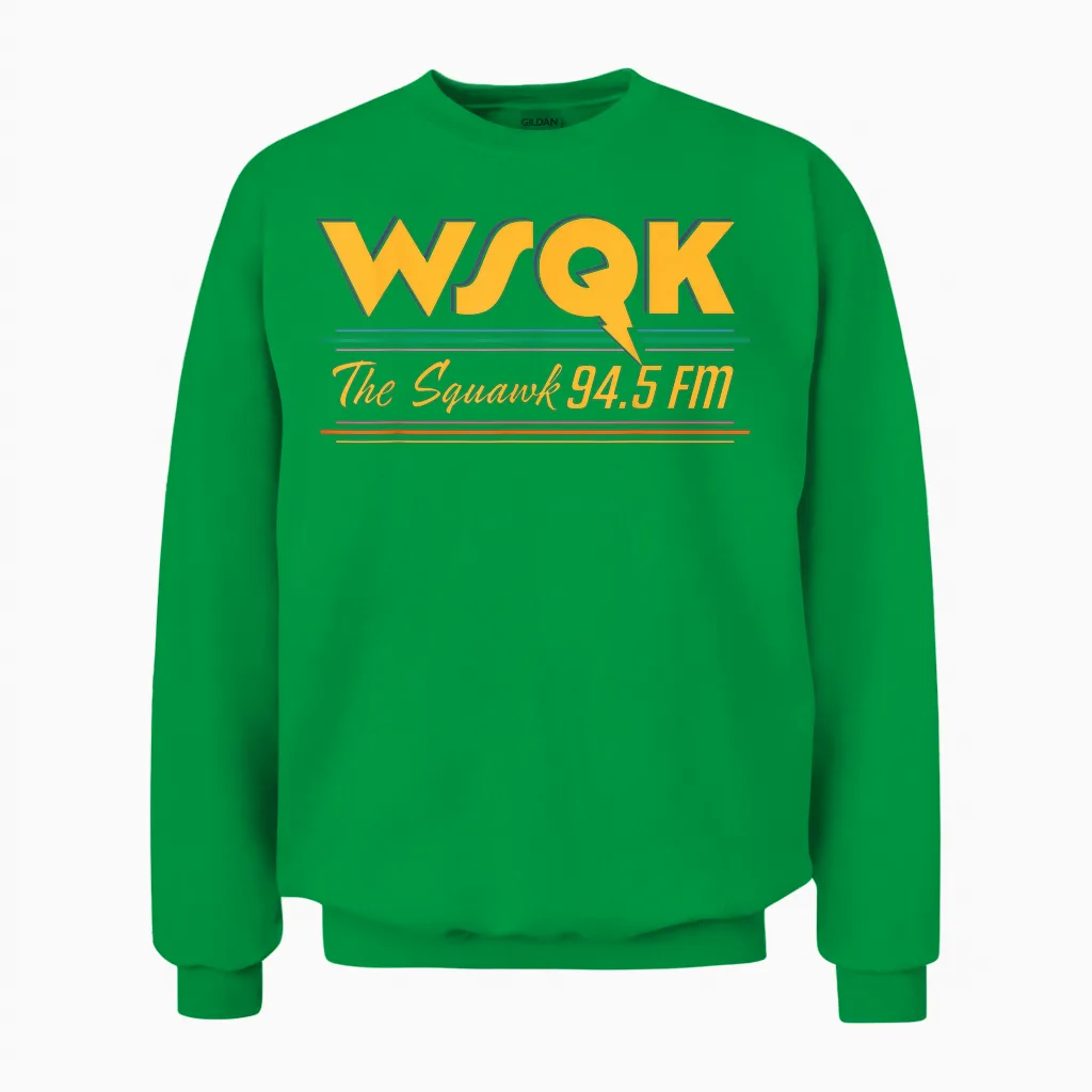 Stranger Things Season 5 Wsqk the Squawk 94.5 Fm Retro Logo Unisex Sweatshirt in Irish Green