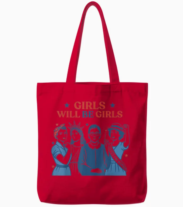Girl Will Be Girls Patriotic Feminist 4th of July Usa Women Tote Bags in Red