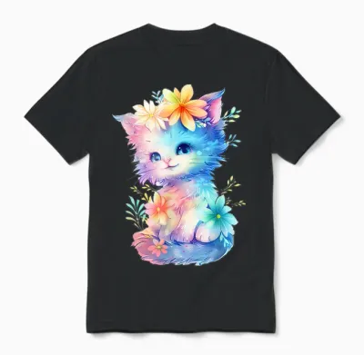 Baby Cat with Flowers Cute Cats Kitten Girls Daughter T-Shirt, White Unisex T-Shirt - Black