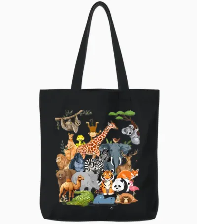 Men Women and Kids Wildlife Zoo Day Party Cute 22 Animals Tote Bags - Black