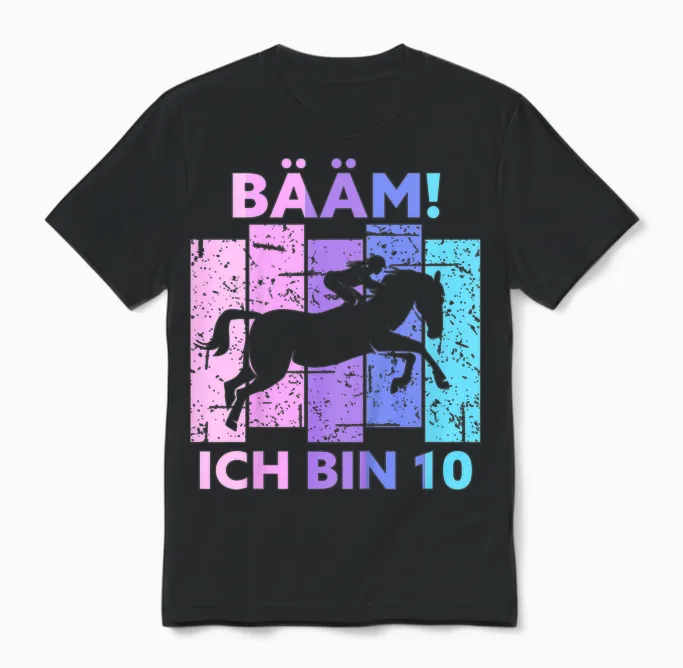 Children's 10th Birthday Girl Ten Years Old Horse Bรคm! I Am 10 T-Shirt, Black Unisex T-Shirt in Black