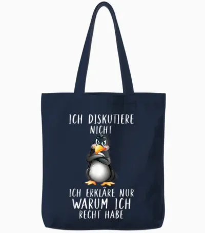 Penguin T-Shirt with German Text "ich Diskutier" (ich Discustier) Warum Ich Recht Habe, Black, S Tote Bags - Navy