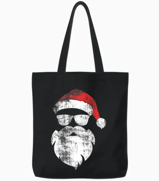 Funny Hipster Santa Face with Hat Beard & Glasses Christmas Tote Bags - Black