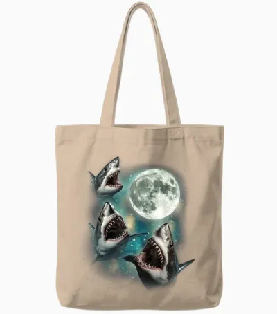 Three Shark Moon | 3 Great Whites Howling Wolfs Moon Parody Tote Bags - Natural