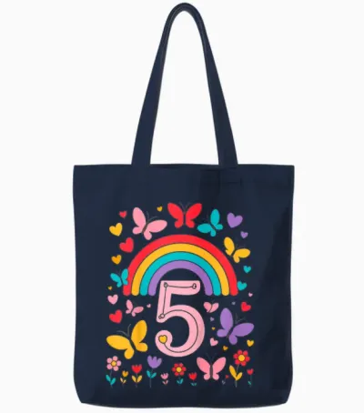 Kinder Children's Birthday 5 Girls Rainbow Fairy Fifth 5 Years Old Tote Bags - Navy