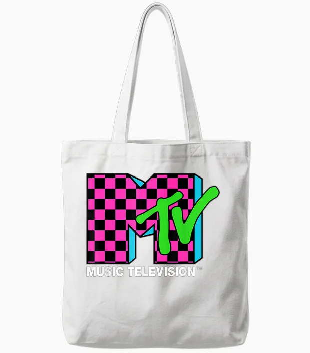 Classic Mtv Logo Pink and Blue Check Tote Bags in White