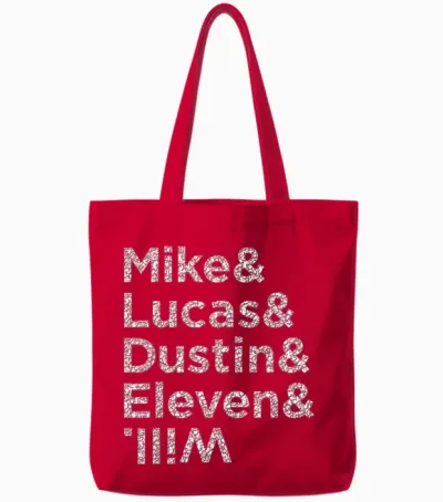 Stranger Things Mike Lucas Dustin Eleven and Will Names T-Shirt, Black, S Tote Bags - Red