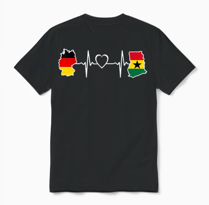 Ghana Germany Flag Ghanaian German Heartbeat T-Shirt, Black, S Unisex T-Shirt in Black