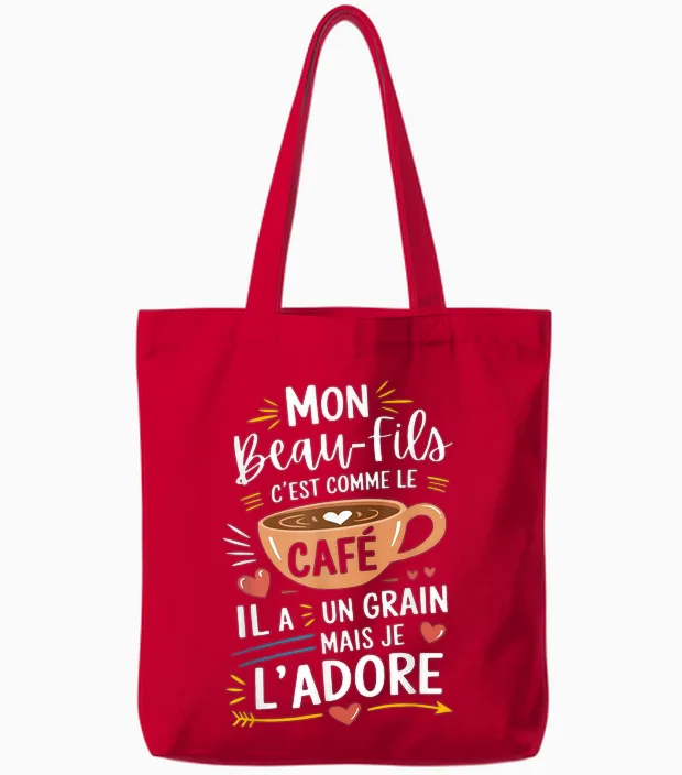 Mon Beau-Fils Comme Le Café – Gift Humour Coffee T-Shirt, Black, S Tote Bags in Red