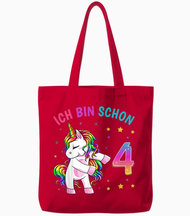 4 Geburtstag Mädchen Ich Bin 4 Jahre Alt Party Einhorn Tote Bags in Red