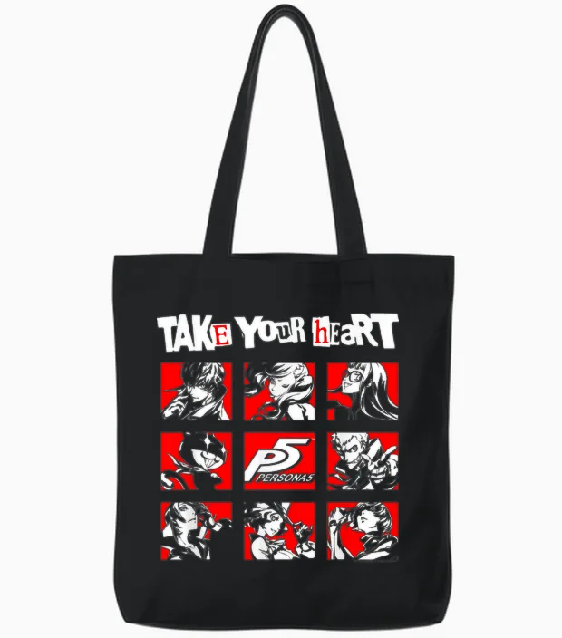 Persona 5 Take Your Heart Character Grid Rpg Video Game Tote Bags in Black