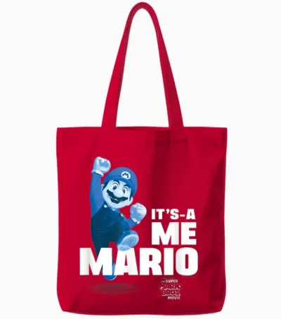 The Super Mario Bros. Movie It's-A Me Mario Portrait T-Shirt, Blue Tote Bags - Red