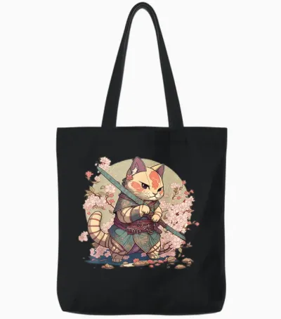 Japanese Samurai Warriors & Funny Kawaii Animes Samurai Cat Warrior Japanische Ninja-Katze Kawaii T-Shirt Schwarz Unisex Erwachsene Und Kinder Kurzarm T-Shirt Klein Tote Bags - Black