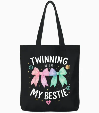 Twinning with My Bestie, Spirit Week Girls Kids Twin Day Bow Tote Bags - Black