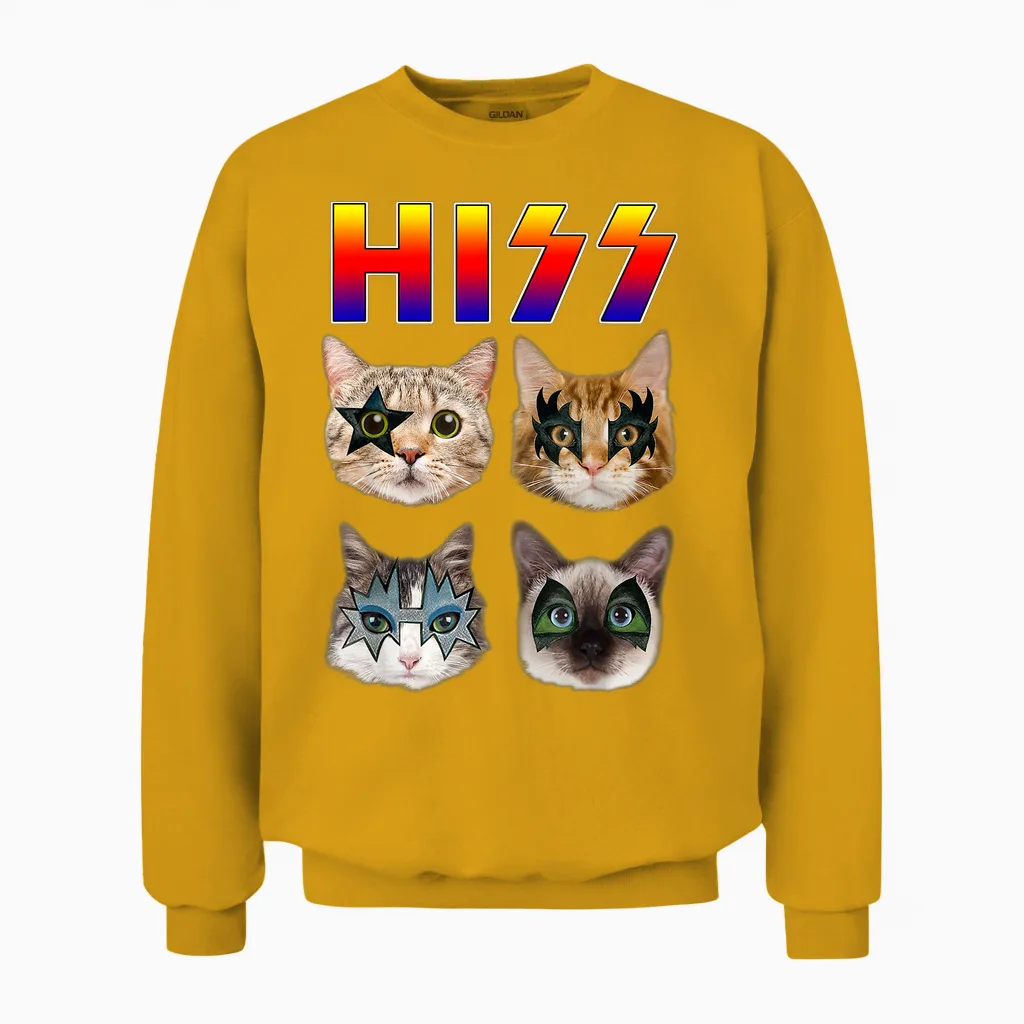 Hiss Funny Cats Kittens Rock Rockin Short Sleeve T-Shirt Gift Tee Pun Unisex Sweatshirt in Gold