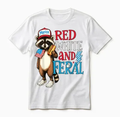 Funny Raccoon 4th of July Patriotic Cute Red White and Feral Unisex T-Shirt - White