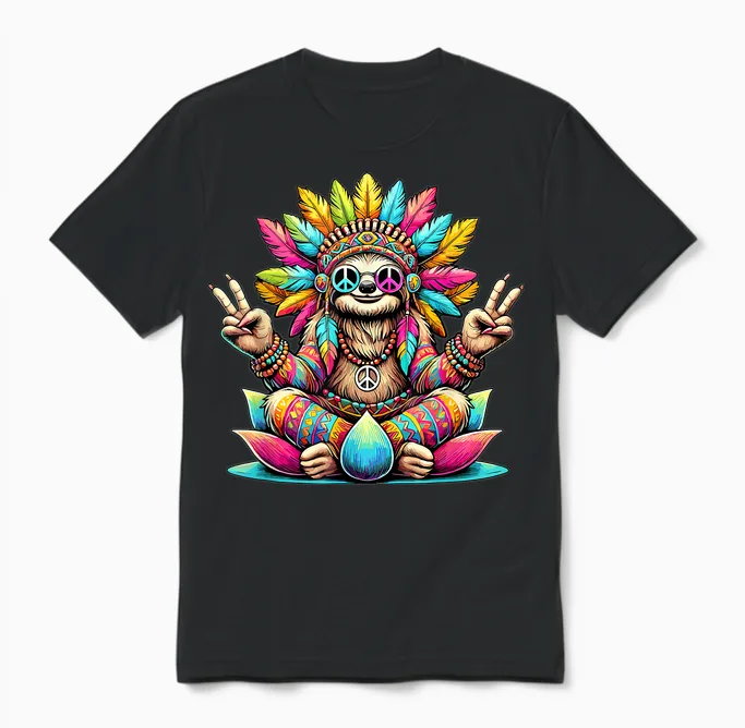 Hippie Sloth, Peace Sign, 70s Party & Costume 60s 70s T-Shirt, Black, S Unisex T-Shirt in Black