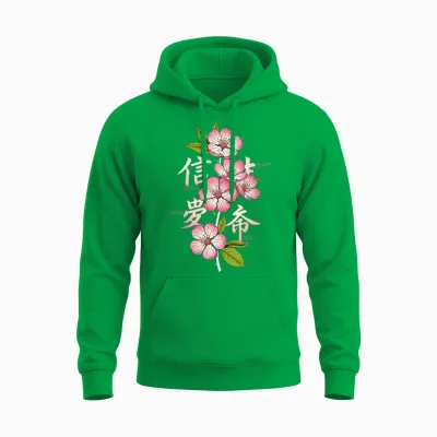 Japanese Flowers Printed Back Print Aesthetic Unisex Hoodie - Irish Green