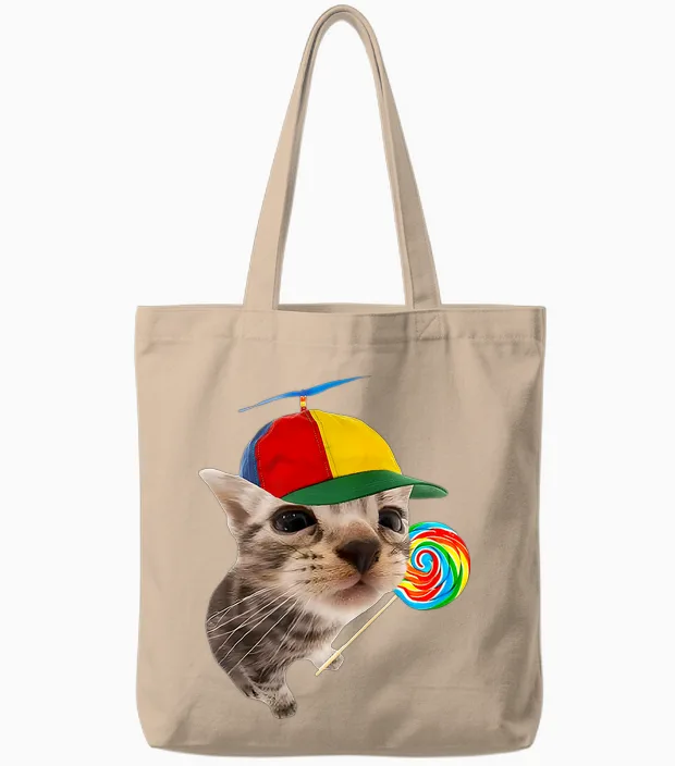 Silly Cat with Lollipop Meme T-Shirt, Black, S Tote Bags in Natural