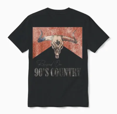 Vintage Western Bull Skull Raised on 90's Country Music Unisex T-Shirt - Black