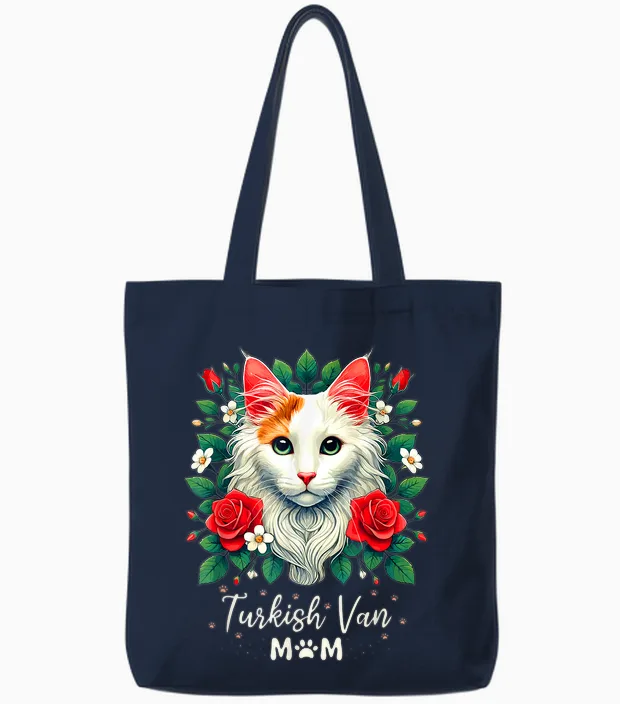 Roses Flowers Turkish Van Mom T-Shirt, Black, S Tote Bags in Navy
