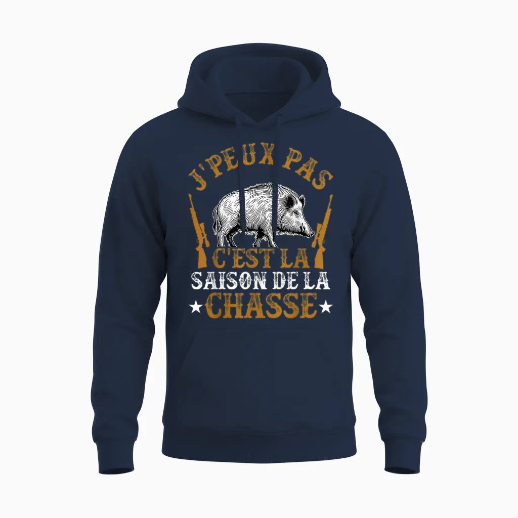 Hunter Humour Boar J'peux Pas C'est La Saison Hunting T-Shirt, Black, S Unisex Hoodie in Navy