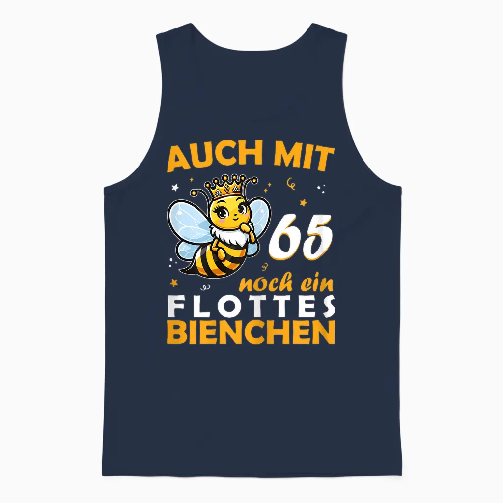 Women's 65th Birthday T-Shirt with 65 Years Still a Bee Motif, Black Unisex Tank Top in Navy