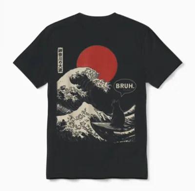 Bruh. the Great Wave Kanagawa Funny Japanese Surfing Cat Unisex T-Shirt - Black