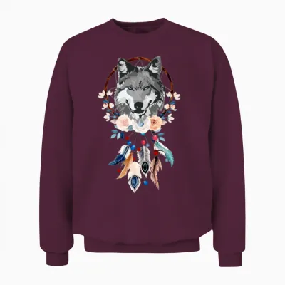 Beautiful Dreamcatcher Women Girls Wolf Feathers Unisex Sweatshirt - Maroon
